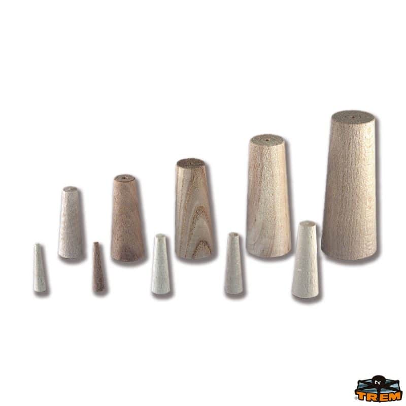 Coni ottura fori in legno di varie dimensioni, usati per fissaggi e assemblaggi.