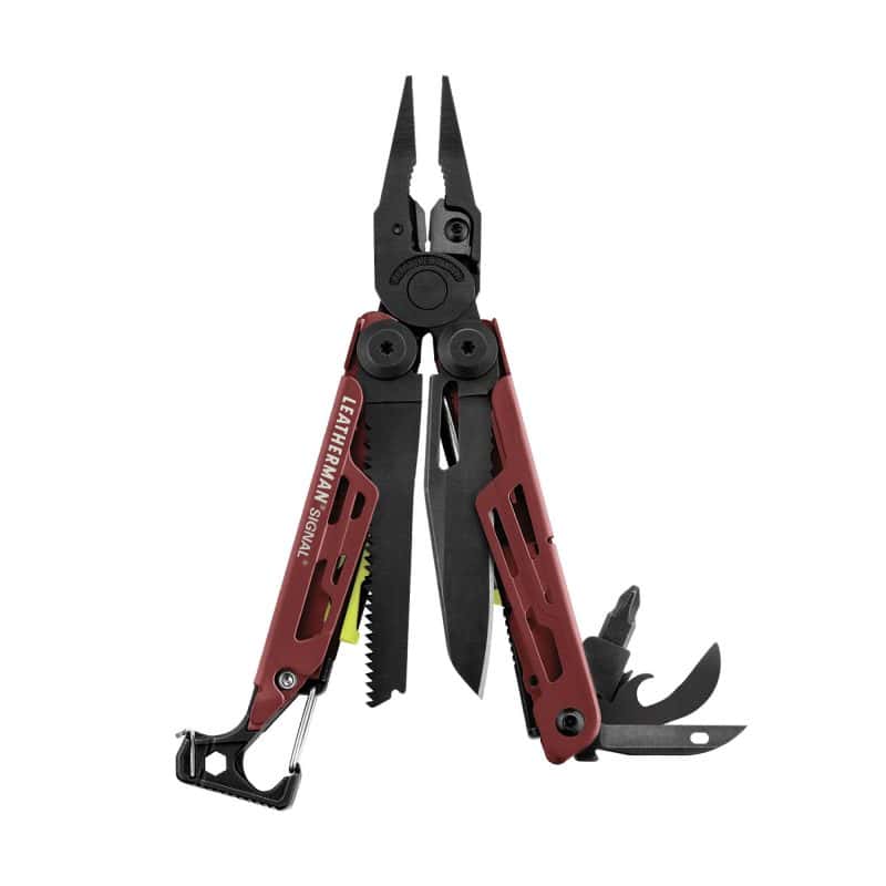 Leatherman Signal multifunction tool with pliers, knife, and integrated accessories.