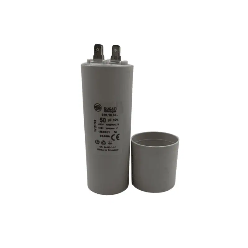 Metfilm-Kondensator mit 50 Mikrofarad, Abmessungen 50x92 mm, Code MF50, für elektronische Anwendungen.