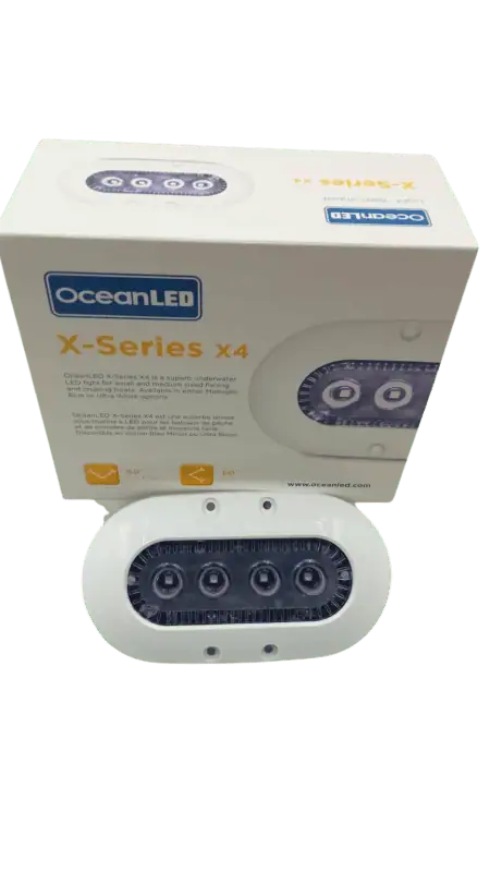Blue underwater X4 light OceanLED, X-Series X4 model, for marine and underwater applications.