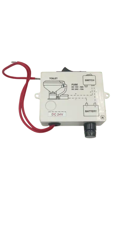 Elektrisches Bedienfeld mit Schalter, Sicherung und Batterie für WC-Betätigung.