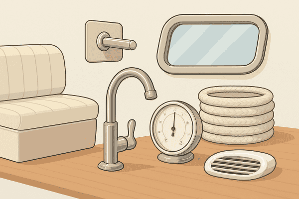 Pompa per barca e accessori, come tubo e griglia, in ambiente interno.