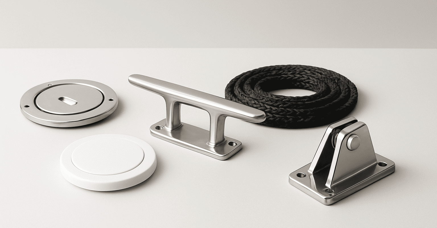 Cover ring with closure, steel hook, nautical rope, and metal support for systems.