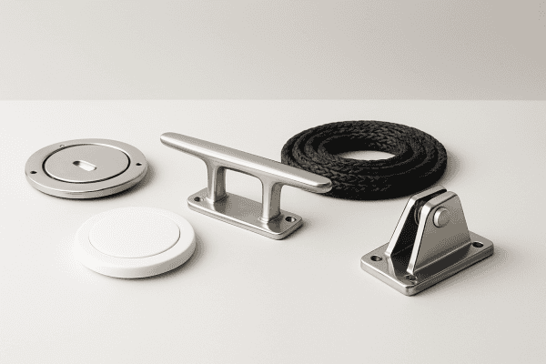 Anneau de couverture avec fermeture, crochet en acier, corde nautique, et support en métal pour installation.