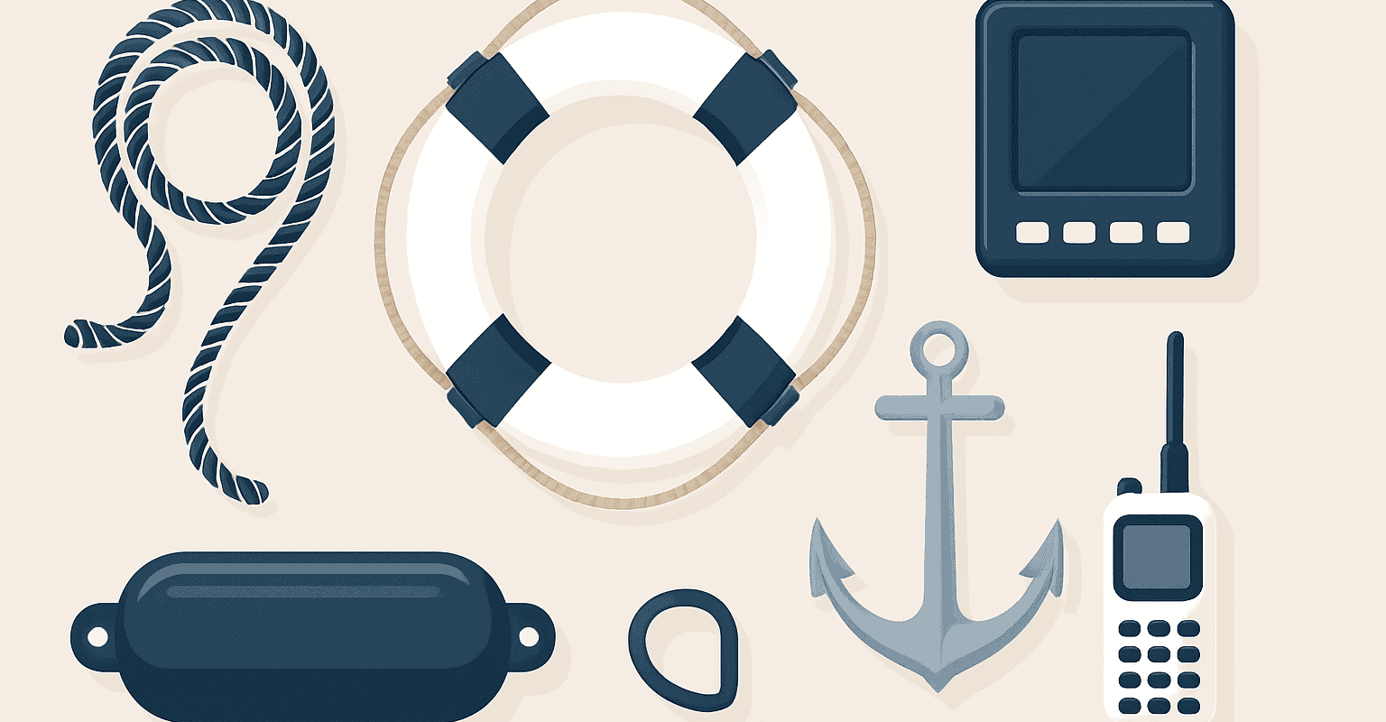 Nautical safety equipment such as buoys, anchors, and radios for boats.