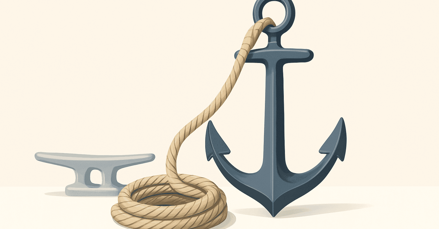 Anker und nautisches Seil mit Anker und Tau, Symbol für Stabilität und Sicherheit auf See.
