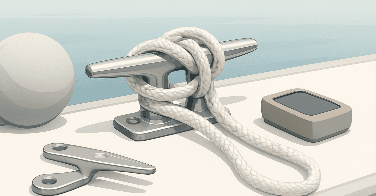 Attrezzatura nautica con corda, gancio e strumenti di riparazione su superficie bianca.