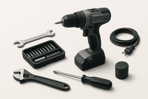 メンテナンス作業用のバッテリードリルとアクセサリーセット、ドライバー。.