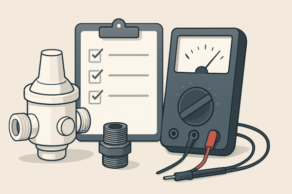 Bomba e instrumentos de medición con válvulas, portapapeles y multímetro para verificaciones técnicas.