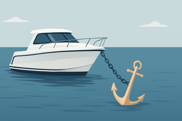 Anker und Kette, die ein Boot im Wasser festhalten.