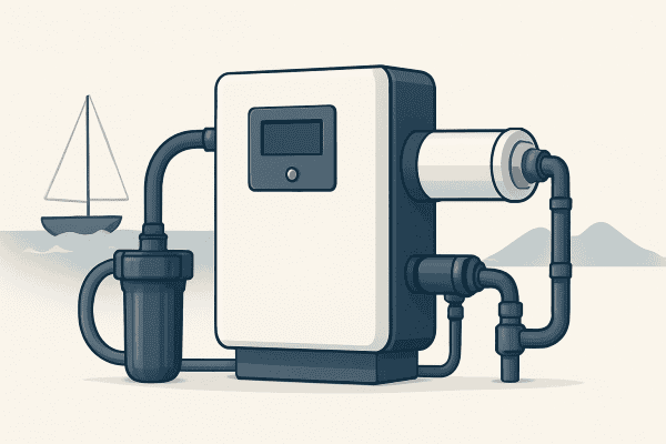 デジタルディスプレイと耐久性のある配管を備えた海水淡水化装置。.