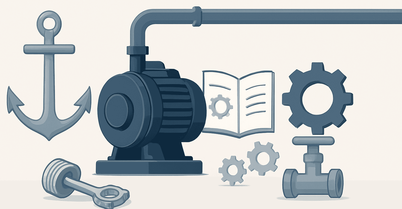 Pompa industriale e nautica con tubazioni e valvole.