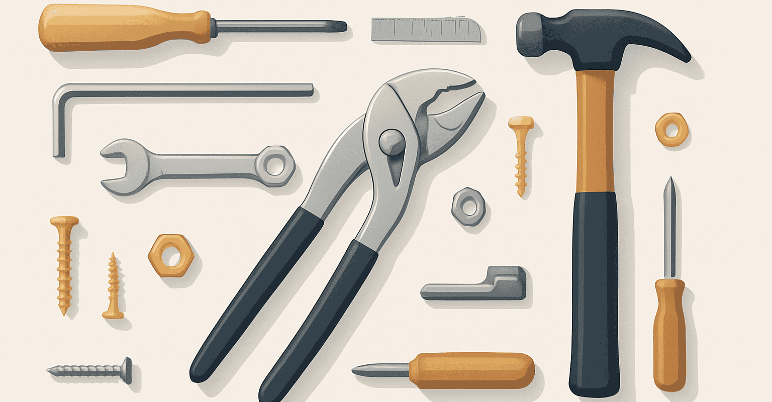 Hardware tools: pliers, hammer, screwdrivers, screws, and nuts. Essential tools for work.