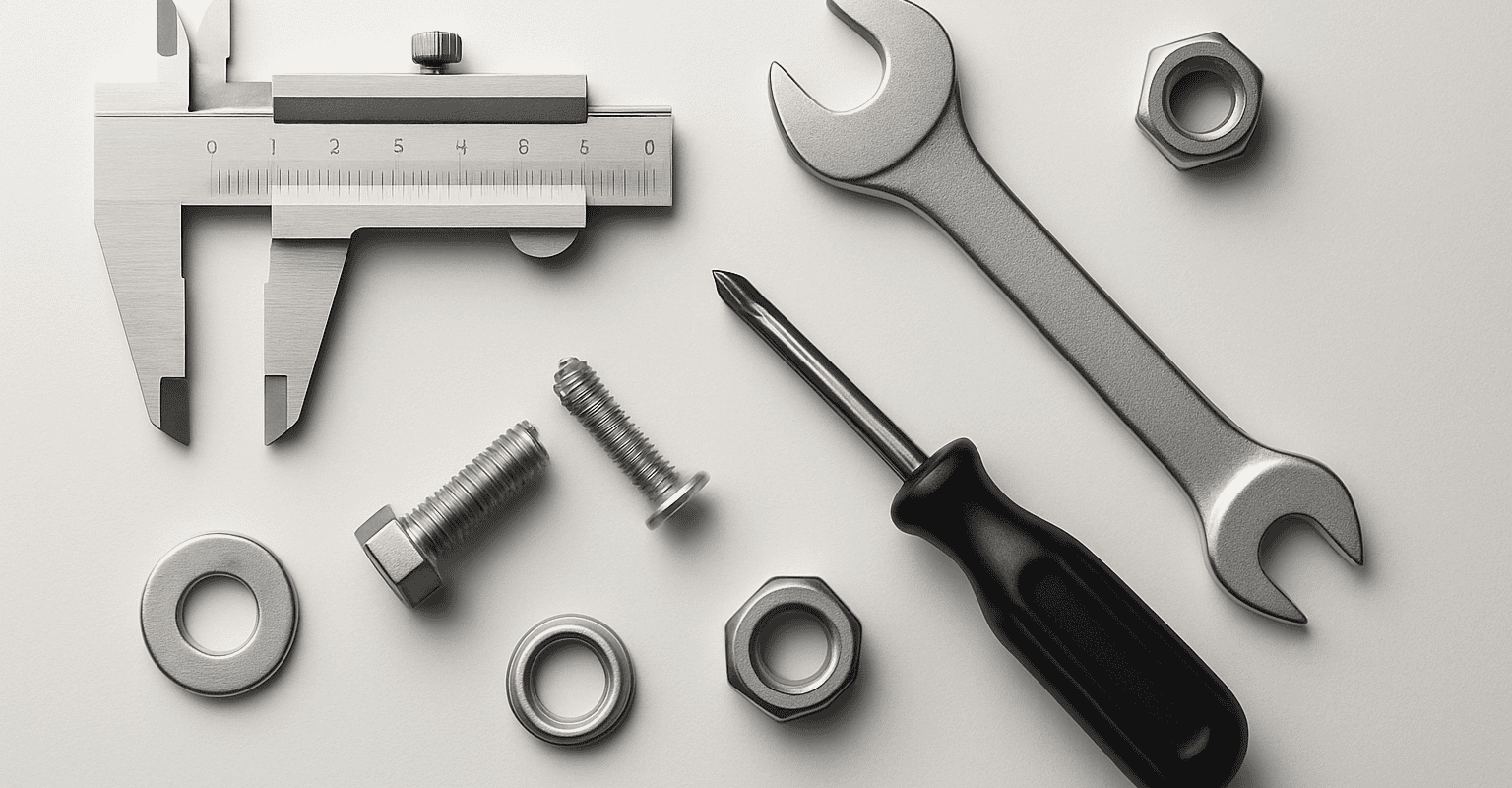 Outil de mesure et outils mécaniques pour vérifier les dimensions et composants avant la commande.