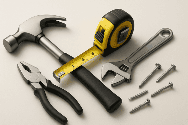 Marteau, mètre, clé anglaise, pinces, vis.