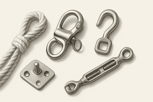 金属製船舶アクセサリー: フック、カラビナ、Jフック、アイレット、プーリー。.