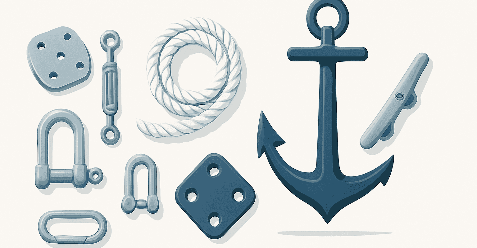 プラスチック製船舶アクセサリー: フック、アンカー、ナット、ロープ。.
