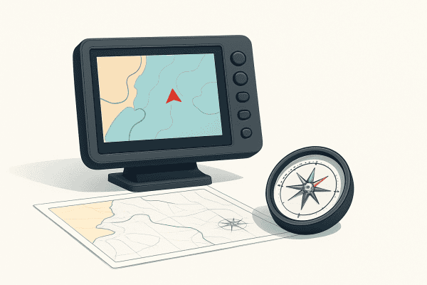 コンパスと地図付きの海洋用GPS装置、ボート航行用。.