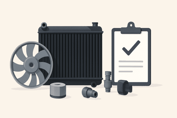 Componenten van een auto-koelsysteem met radiator en pomp.