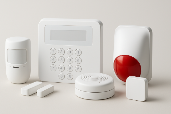 Sensor de seguridad y sistema de alarma con panel de control y dispositivos de detección.