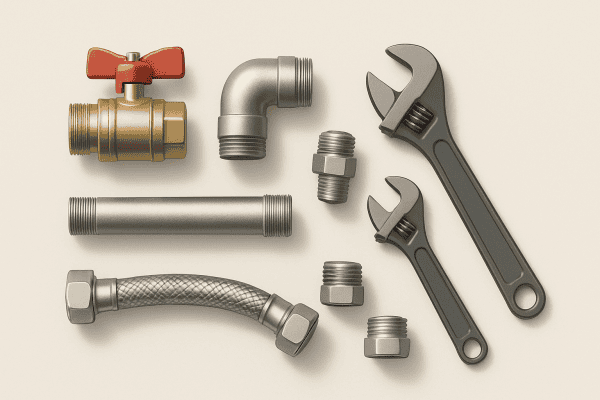 バルブ、チューブ、レンチなどの油圧部品。.