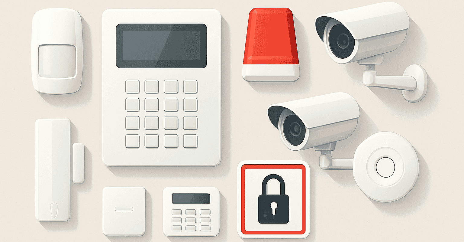 Kit de seguridad con sensores, cámaras y alarma para protección.
