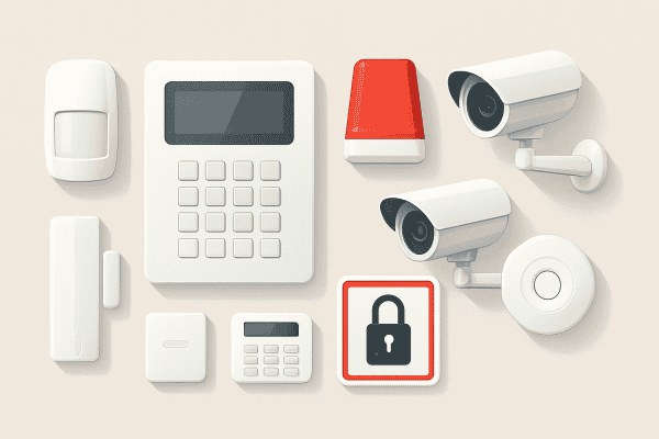 Kit de seguridad con sensores, cámaras y alarma para protección.