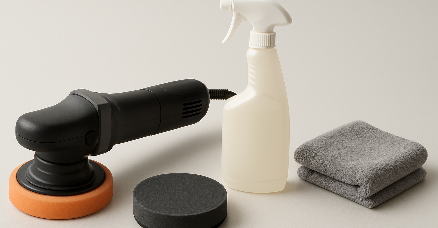 Tools for polishing and cleaning, including sander, sponge, and microfiber cloths.