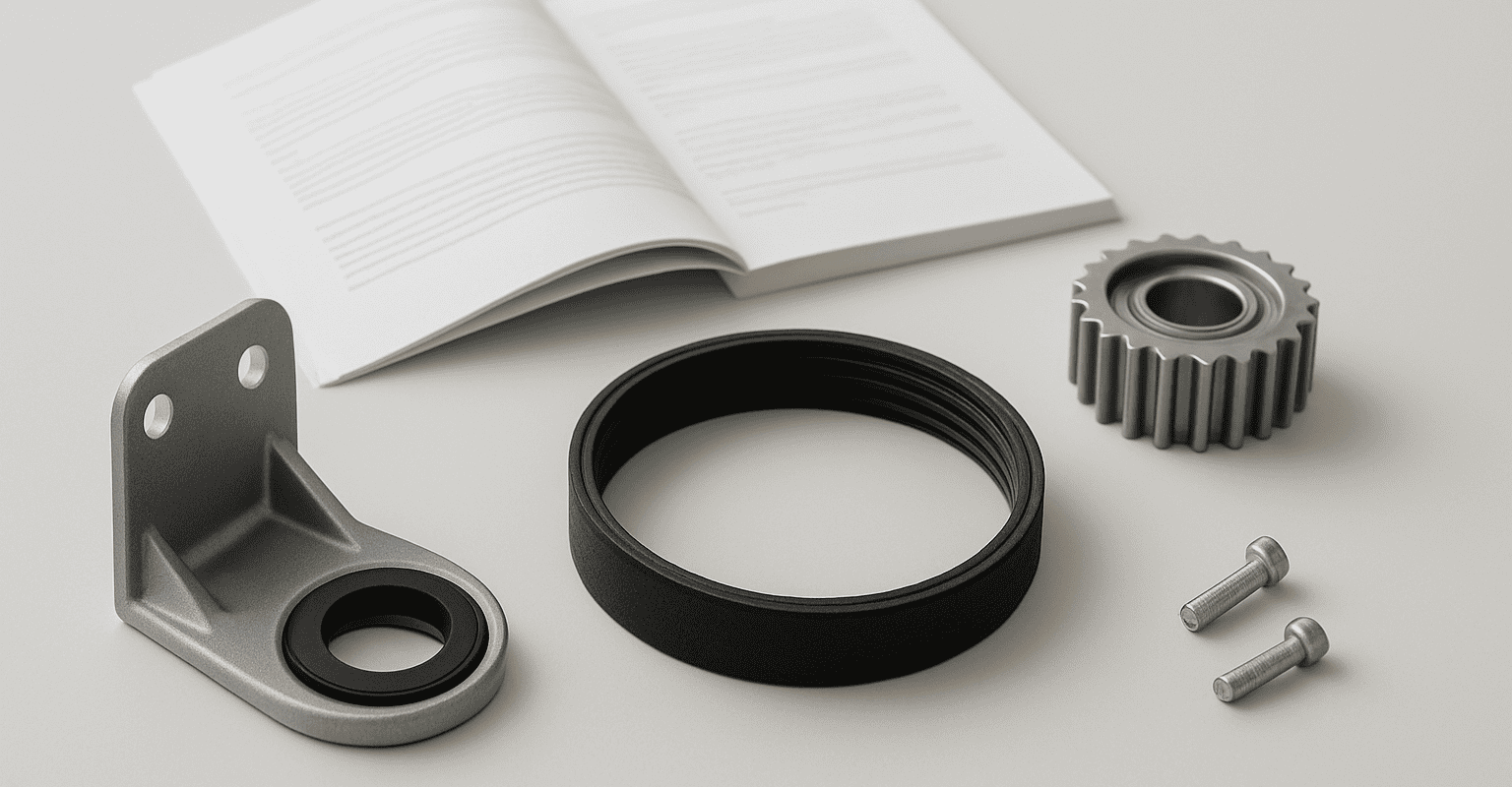 Button, belt, gear, and screws for industrial machinery maintenance.