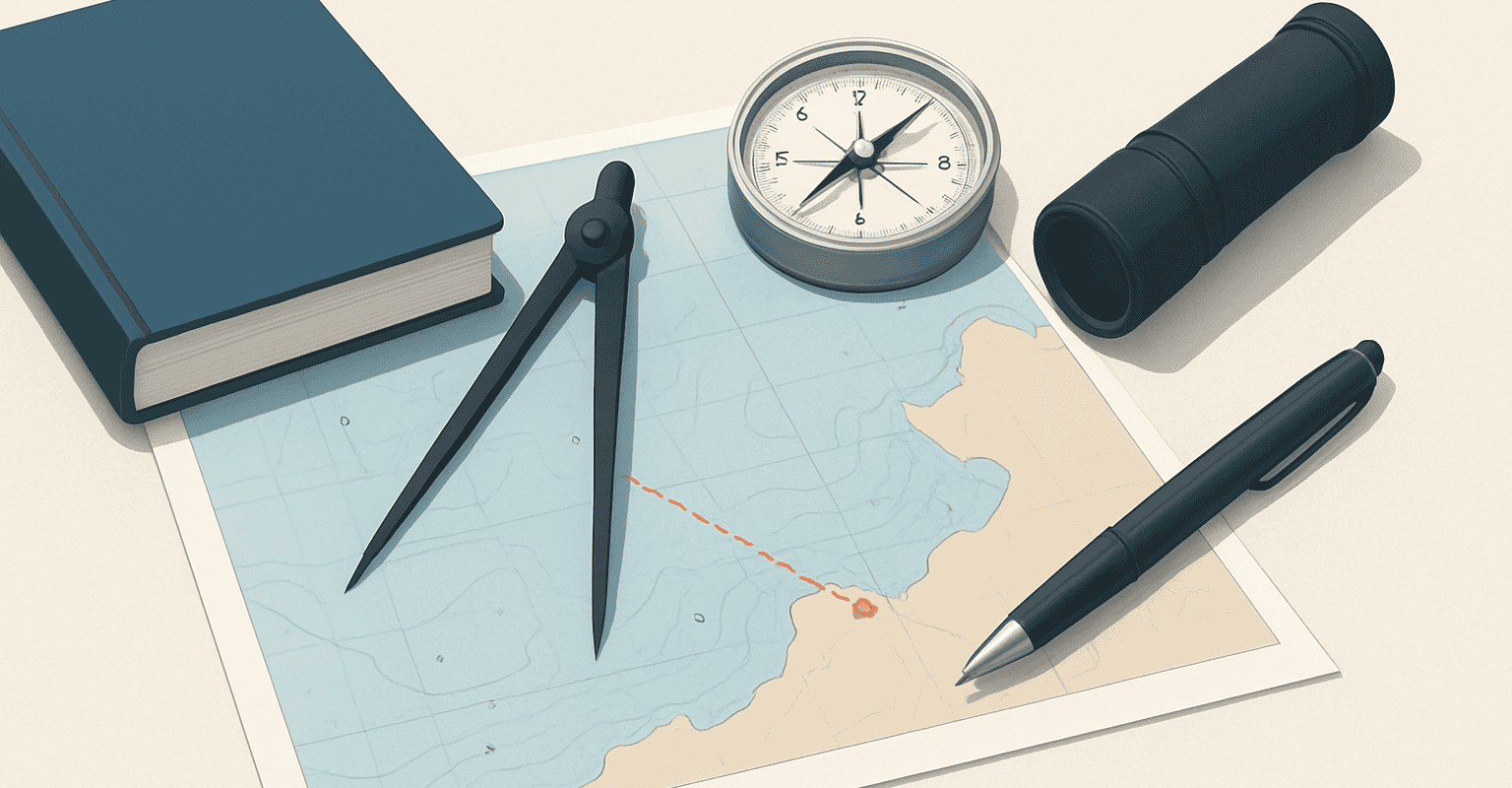 Strumenti di navigazione nautica su mappa e bussola.