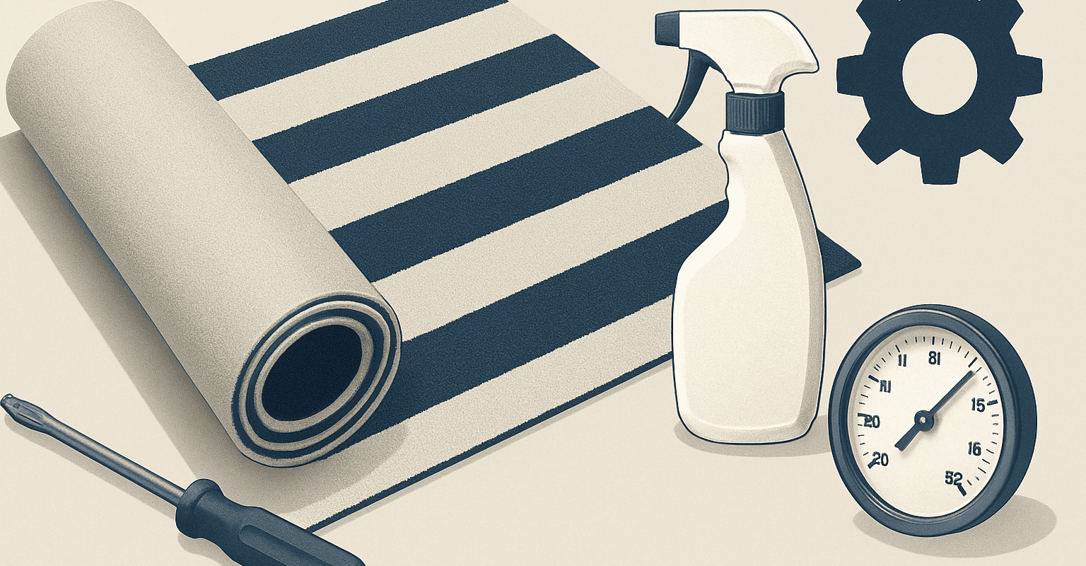 Kit de mantenimiento para moqueta náutica con spray, destornillador y termómetro.