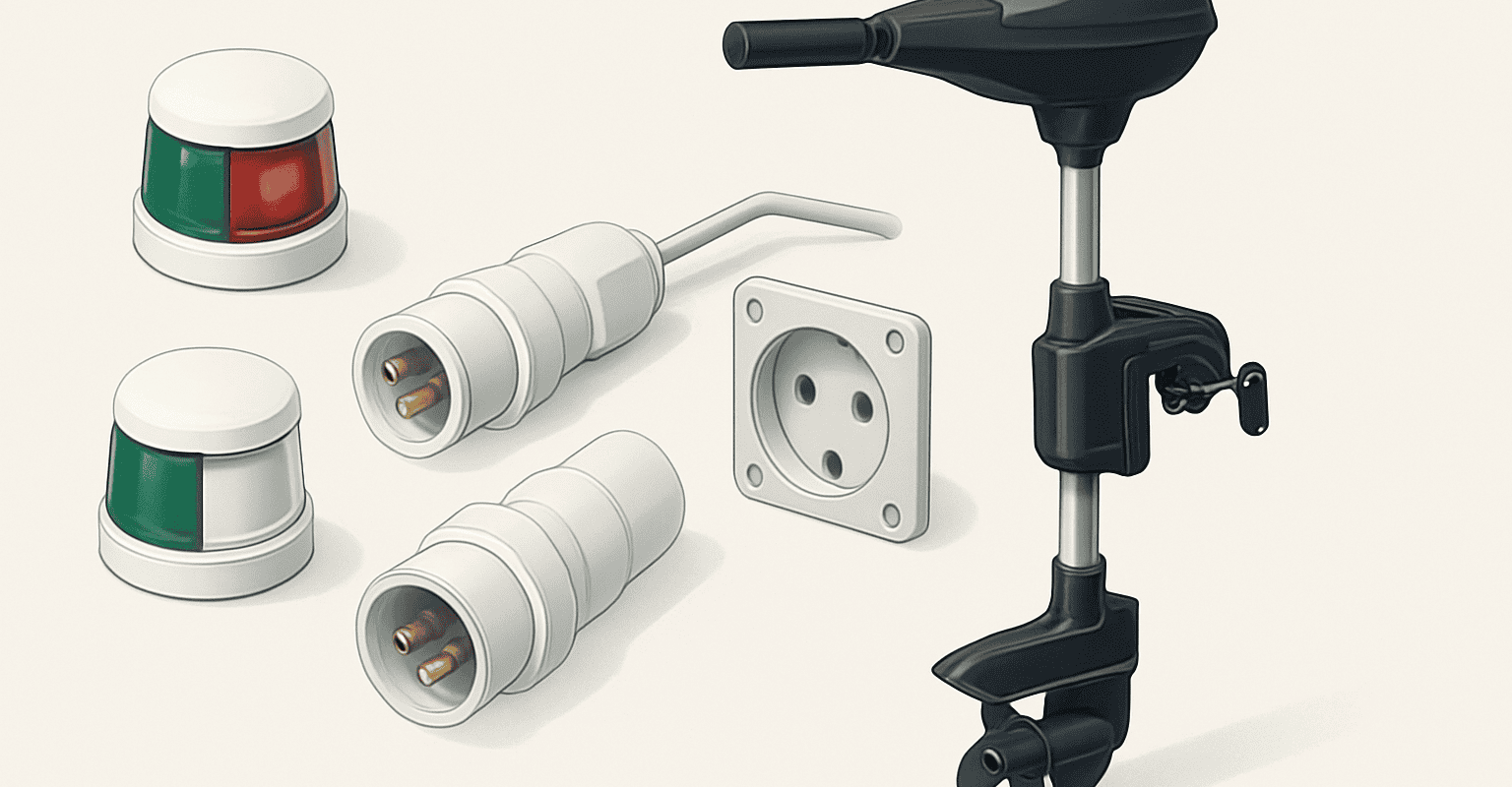 Capteur d'alarme et accessoires électriques pour bateaux, en relation avec moteur électrique pour semi-rigide.
