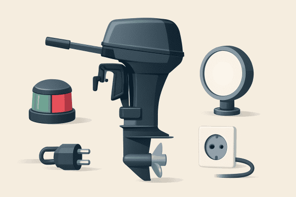 Elektrische buitenboordmotor met accessoires en stopcontact.