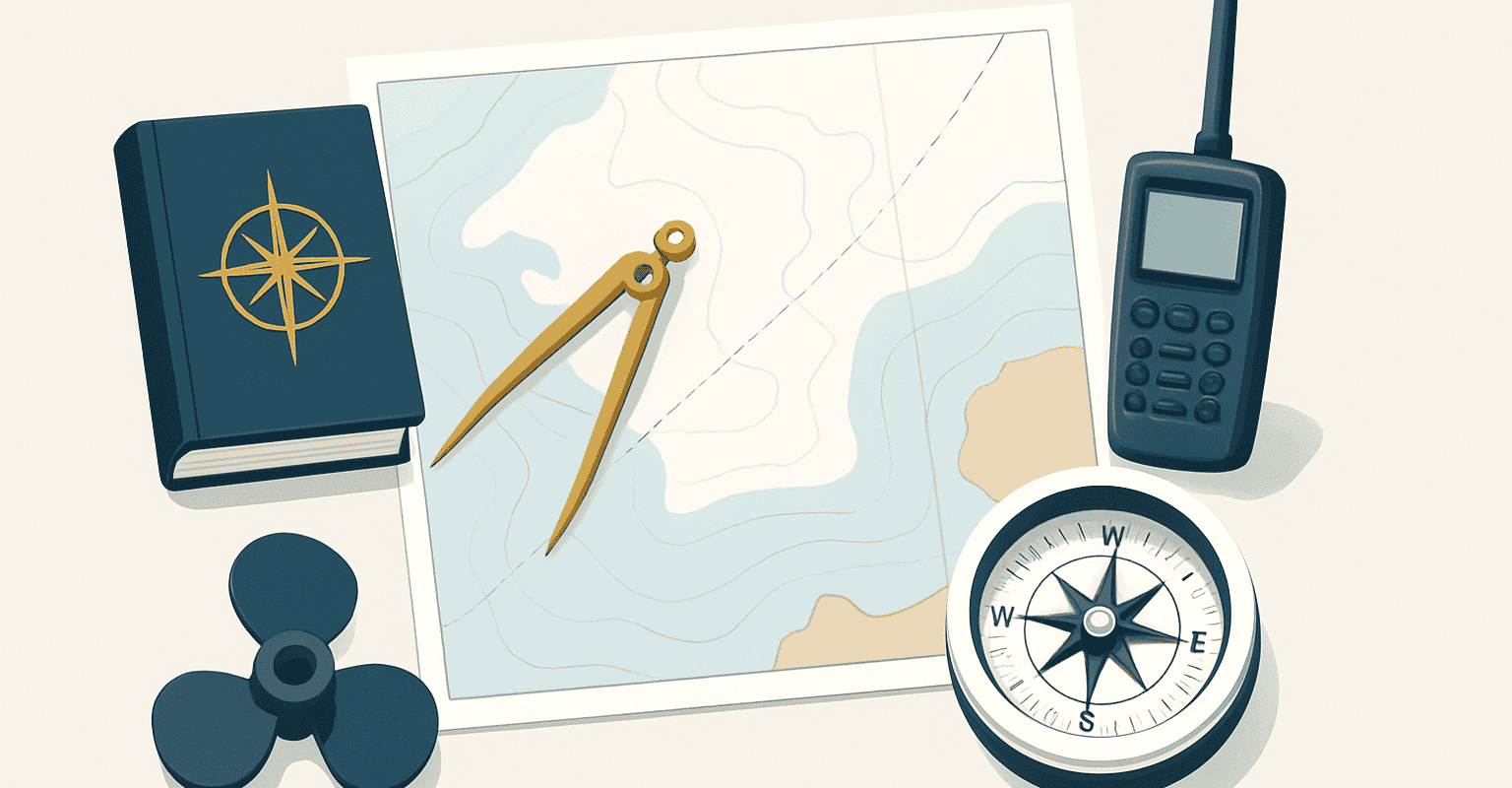 Instruments de navigation nautique avec carte, boussole, radio et boussole d’amarrage.
