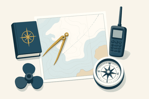 地図、コンパス、ラジオ、係留用コンパスを備えた海洋航行機器。.