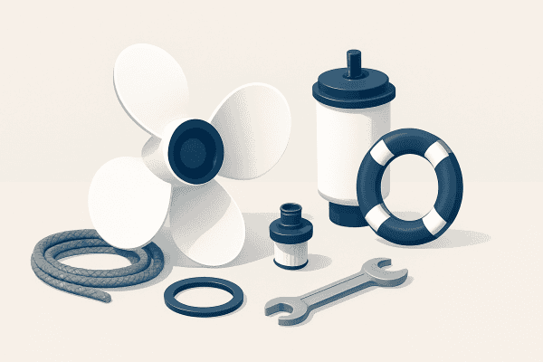 Pompe de circulation nautique avec accessoires de maintenance.