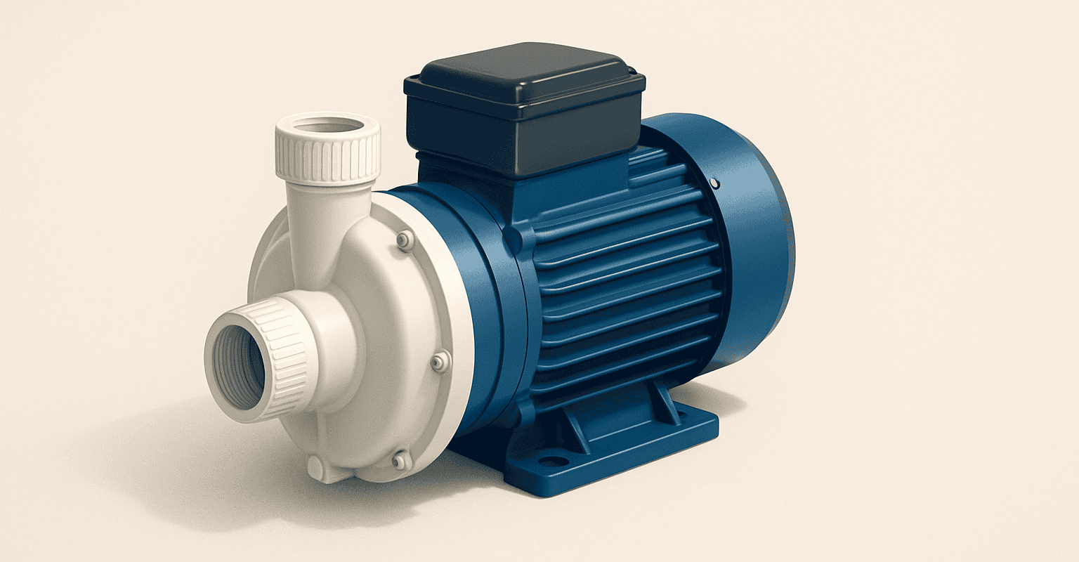 Pompe auto-amorçante bleue avec raccords, idéale pour les systèmes d’eau domestiques.