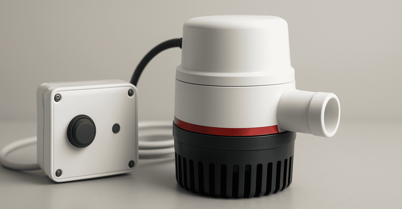 Automatische bilgepomp met elektronische controle en niveausensor.