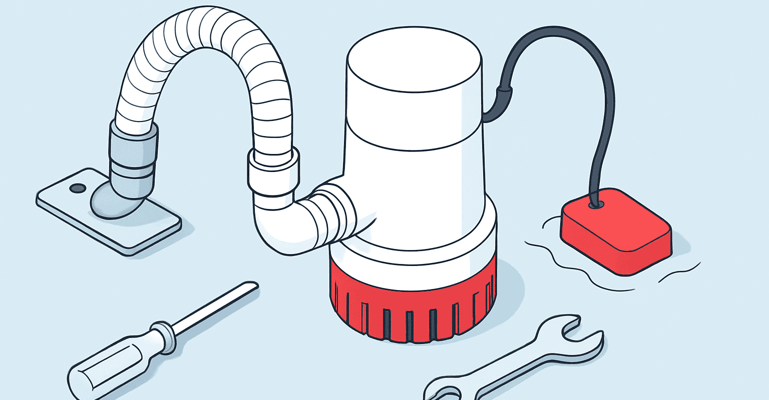 Pompe nautique avec tuyau et outils de réparation.