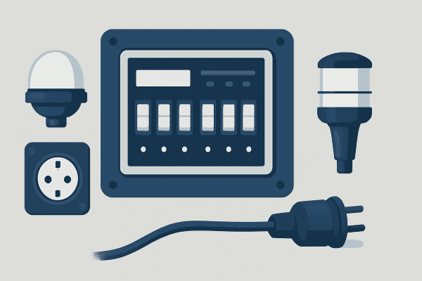 Cuadro eléctrico para barco con varios componentes y tomas de seguridad.