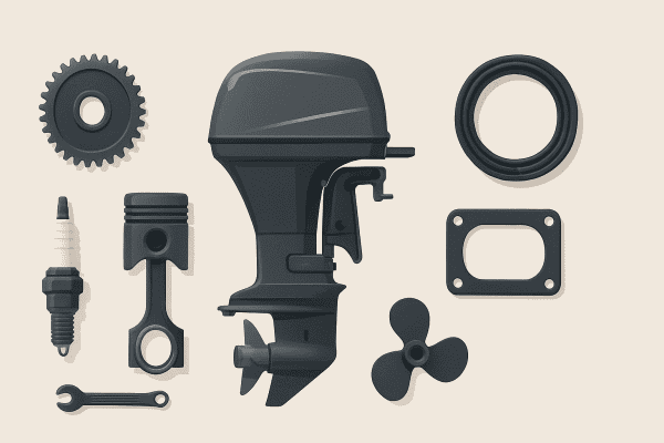 Buitenboordmotor met tandwielen, zuiger en schroef, nautische accessoires.