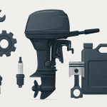 Motore fuori bordo con ricambi e strumenti per manutenzione nautica.