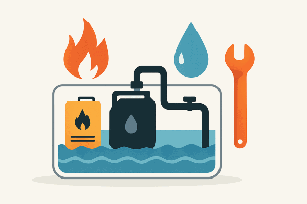 Sistema de seguridad con tanque, tuberías e instrumentos de monitoreo.