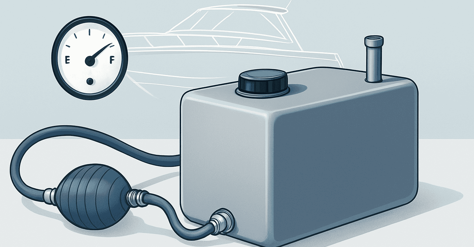 タンクと給油チューブ付きのボート用ポンプ。.