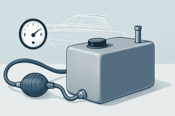 タンクと給油チューブ付きのボート用ポンプ。.