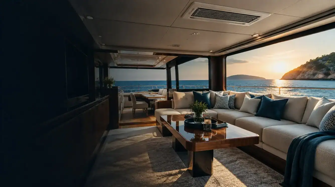 Salone di uno yacht climatizzato al tramonto, con bocchetta del condizionatore marino a soffitto