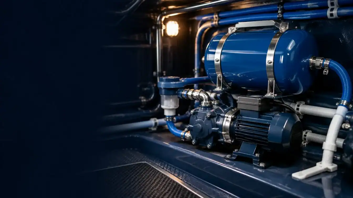 Impianto di pompe industriali con tubazioni blu e motore.