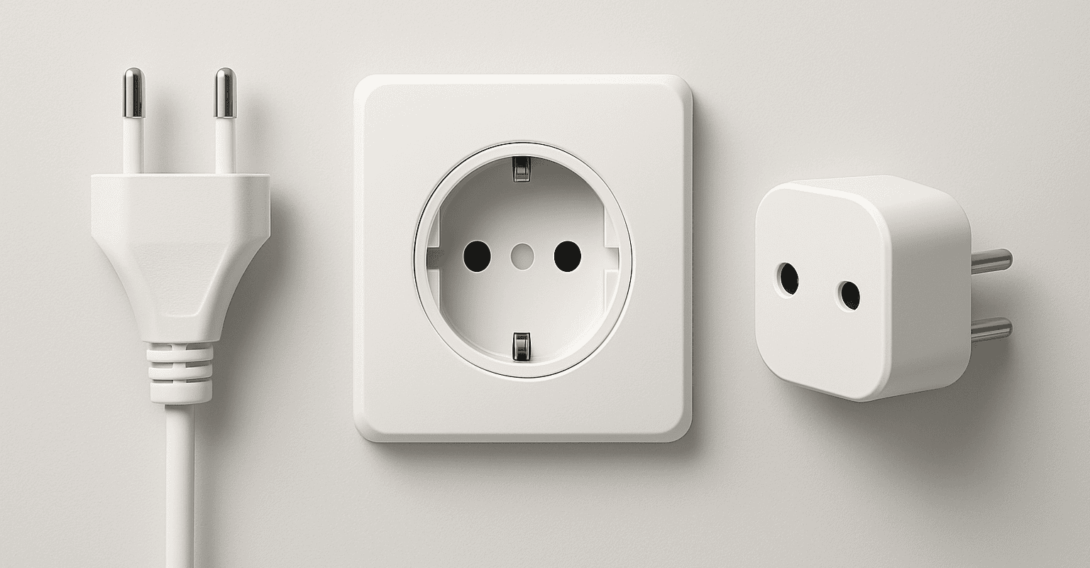 Image de prises électriques et fiche d'alimentation sur mur blanc.