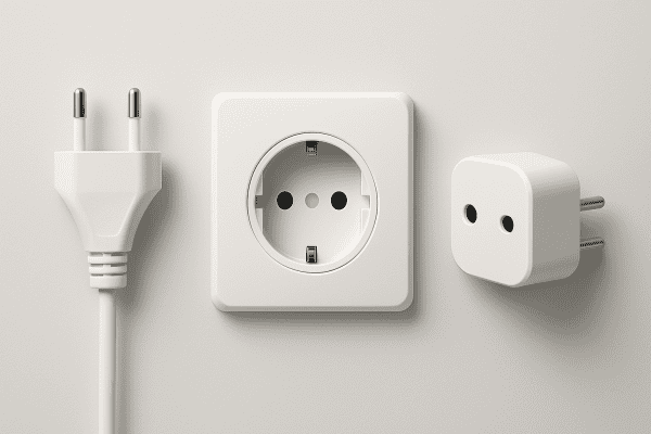 Imagen de tomas eléctricas y enchufe de alimentación en pared blanca.