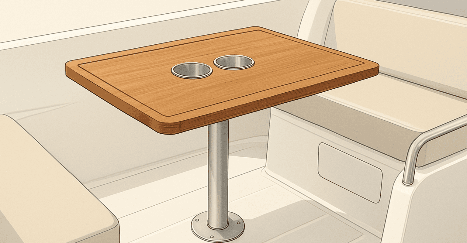 2つのドリンクホルダー付きの木製テーブル、ボートや船舶に最適。.
